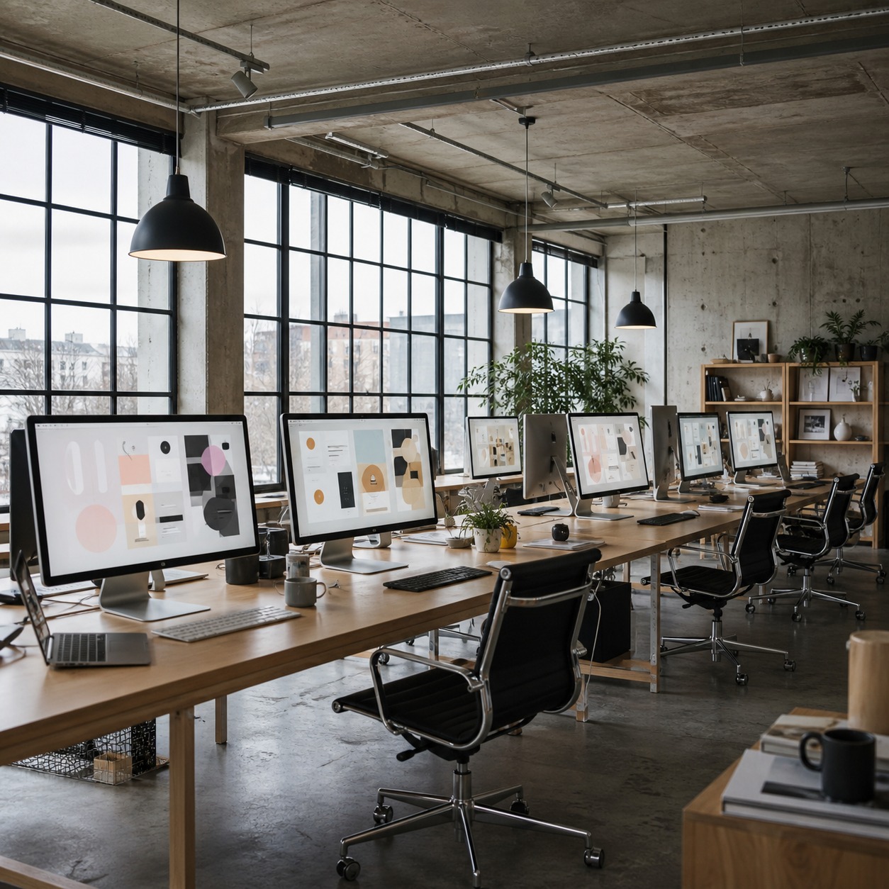 Open-plan creative studio with multiple monitors showing design workflow screens