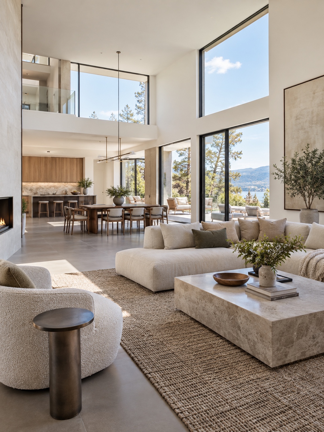 Open-plan warm white palette Open-plan living and dining area with continuous warm white walls | Sky Rye Design Open-plan living and dining area with continuous warm white walls