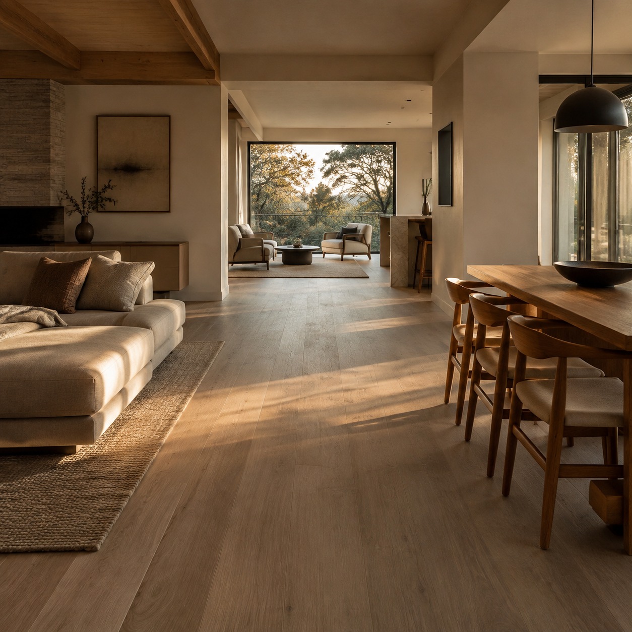 Open-Plan Flooring Flow An open-plan living and dining space with cohesive wide-plank flooring in warm evening light. | Sky Rye Design An open-plan living and dining space with cohesive wide-plank flooring in warm evening light.