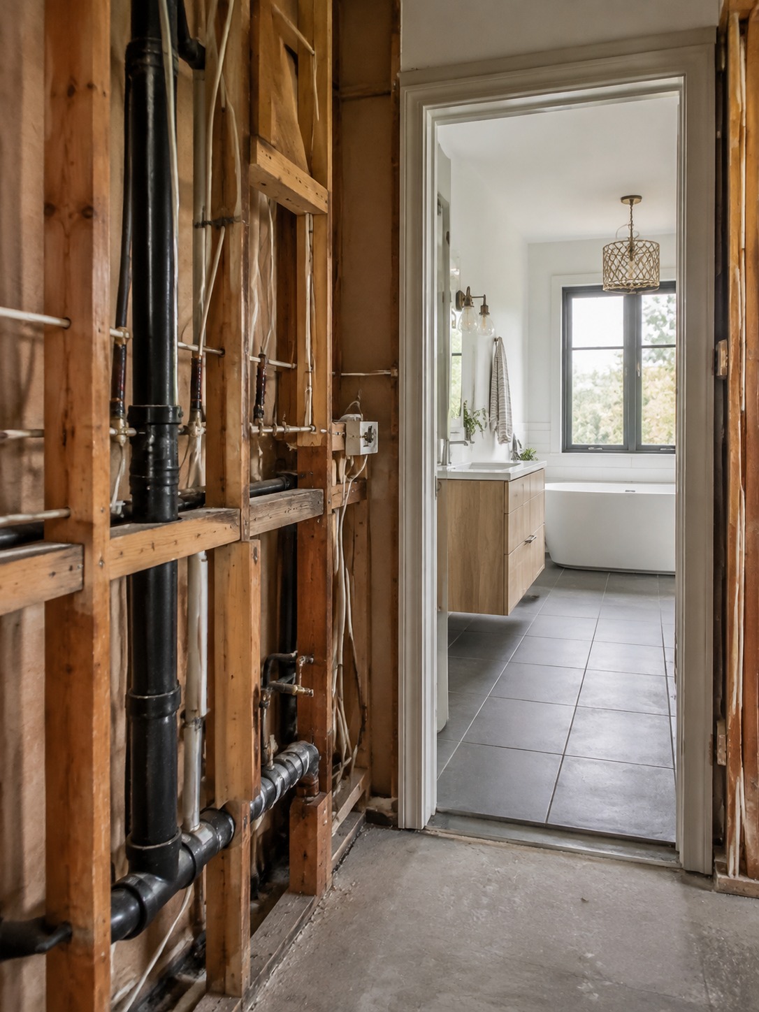 open utility wall cavity in foreground with a finished modern bathroom visible in the background