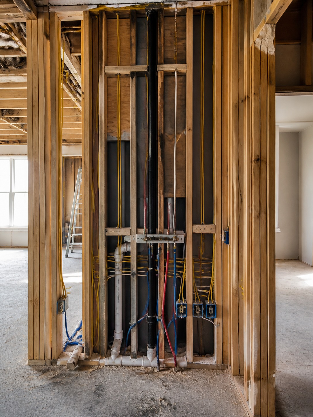 open wall cavity showing electrical wiring and plumbing pipes before drywall