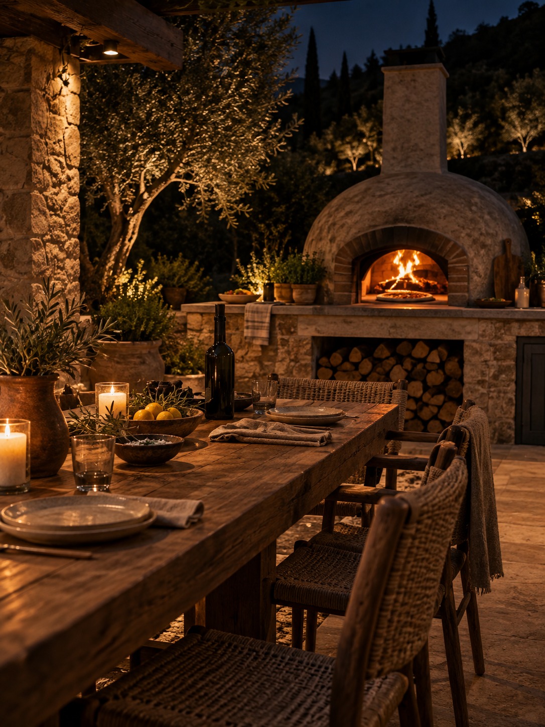 Outdoor dining pizza oven evening Outdoor dining table facing a glowing pizza oven at night | Sky Rye Design Outdoor dining table facing a glowing pizza oven at night