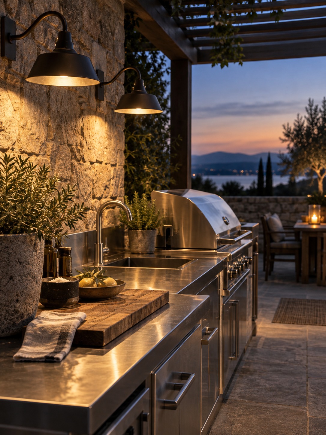 Outdoor kitchen task lighting dusk Warm task lights illuminating a stainless outdoor counter at dusk | Sky Rye Design Warm task lights illuminating a stainless outdoor counter at dusk