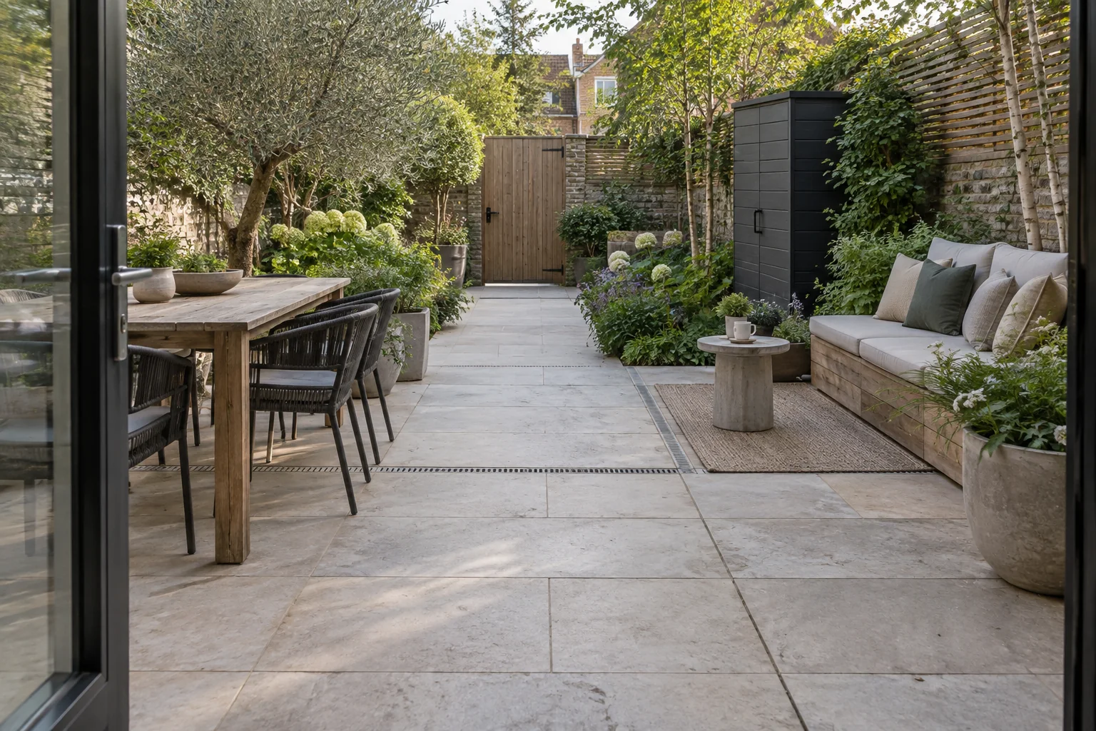 Contemporary courtyard with a wide unobstructed circulation path connecting the house, dining area, lounge, gate, and storage.