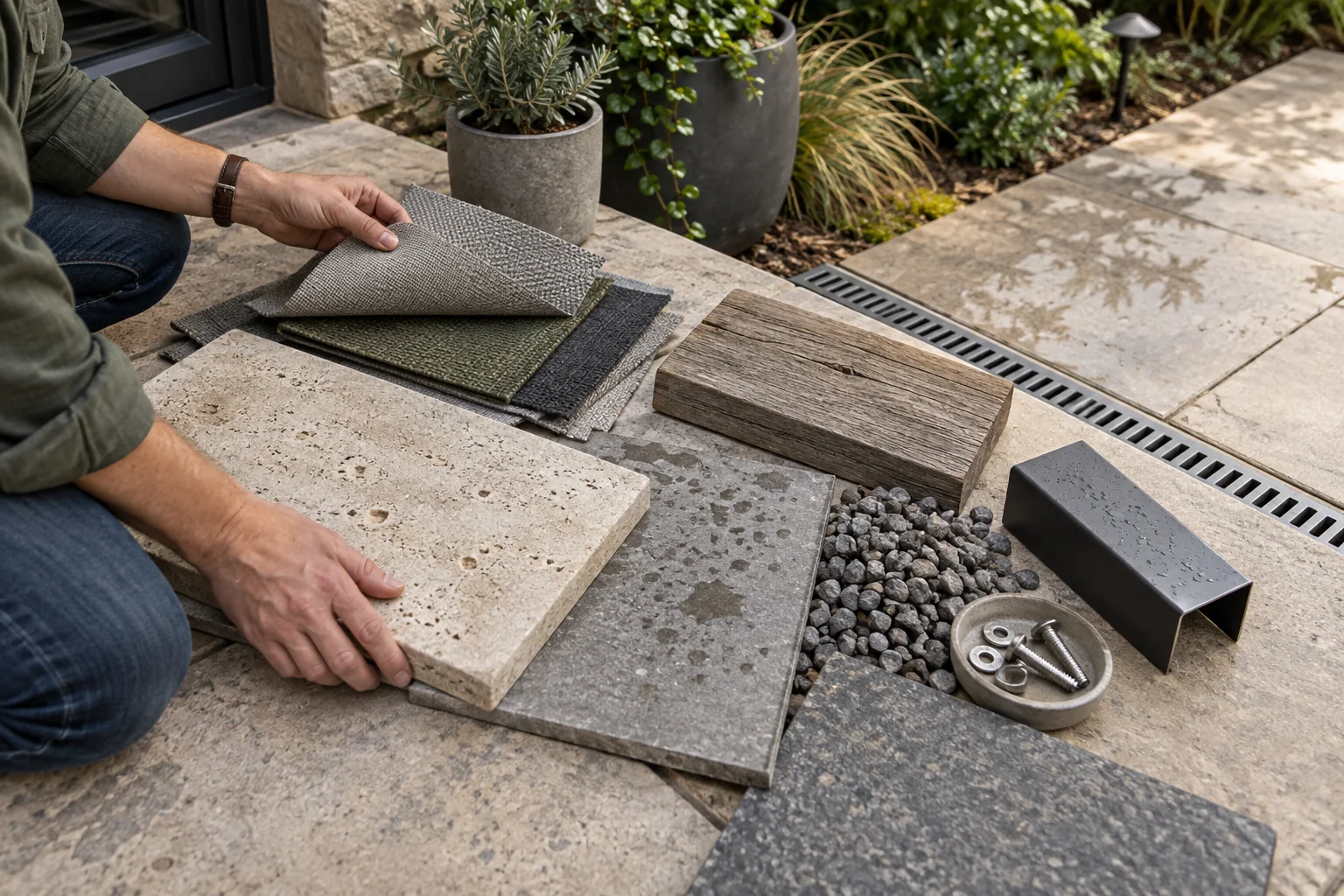 Outdoor material selection with limestone, porcelain pavers, weathered timber, gravel, aluminum, fabric, and stainless fasteners.