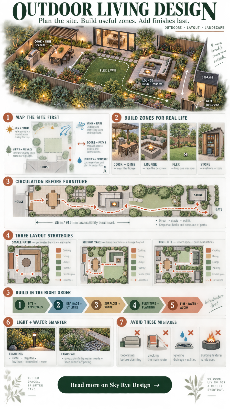 Outdoor living design infographic showing site assessment, functional zones, circulation, three backyard layouts, build order, lighting, water, and common mistakes.