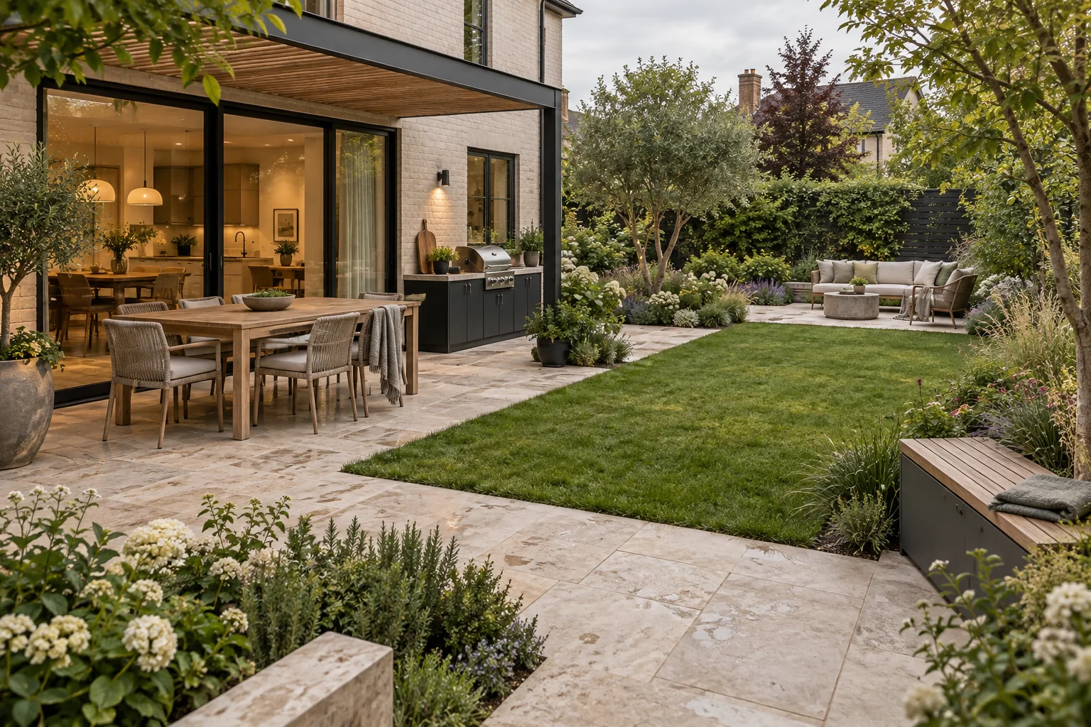 Modern backyard organized into dining, cooking, lounge, flexible lawn, planting, and storage zones connected by clear paths.