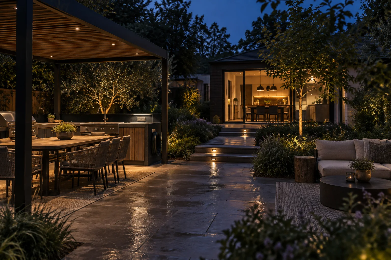 Modern backyard at blue hour with shielded pergola lights, low path lighting, subtle planting lights, and warm interior glow.