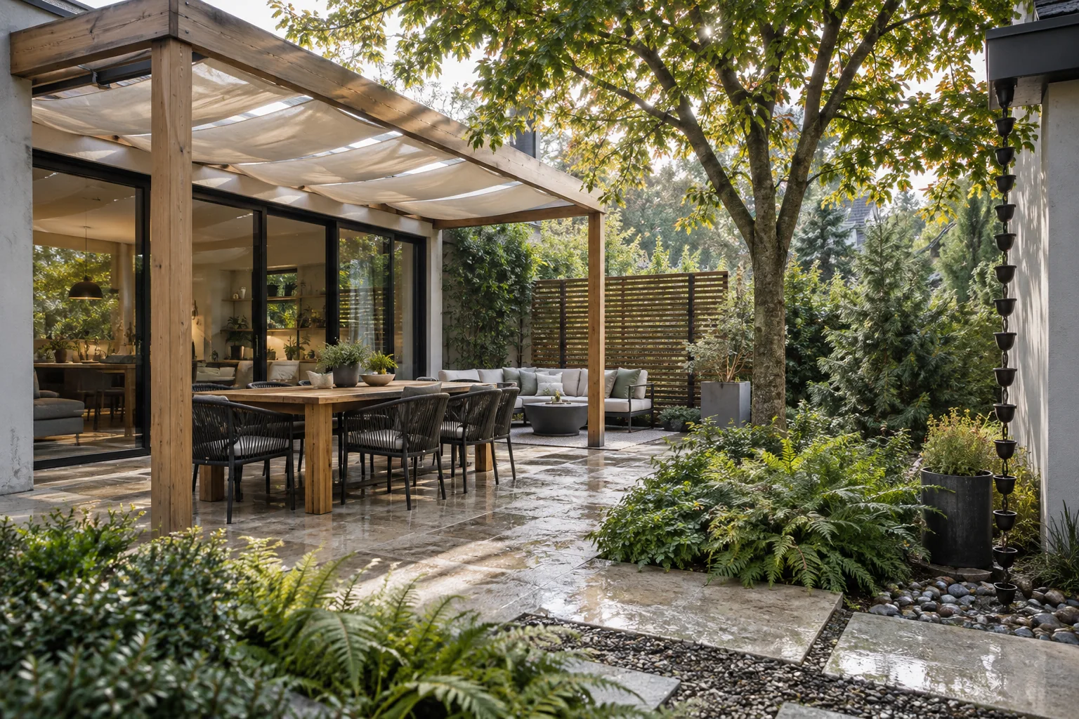 Modern patio using a timber pergola, fabric shade, mature tree, privacy screen, wind-buffer planting, and rain-chain drainage.