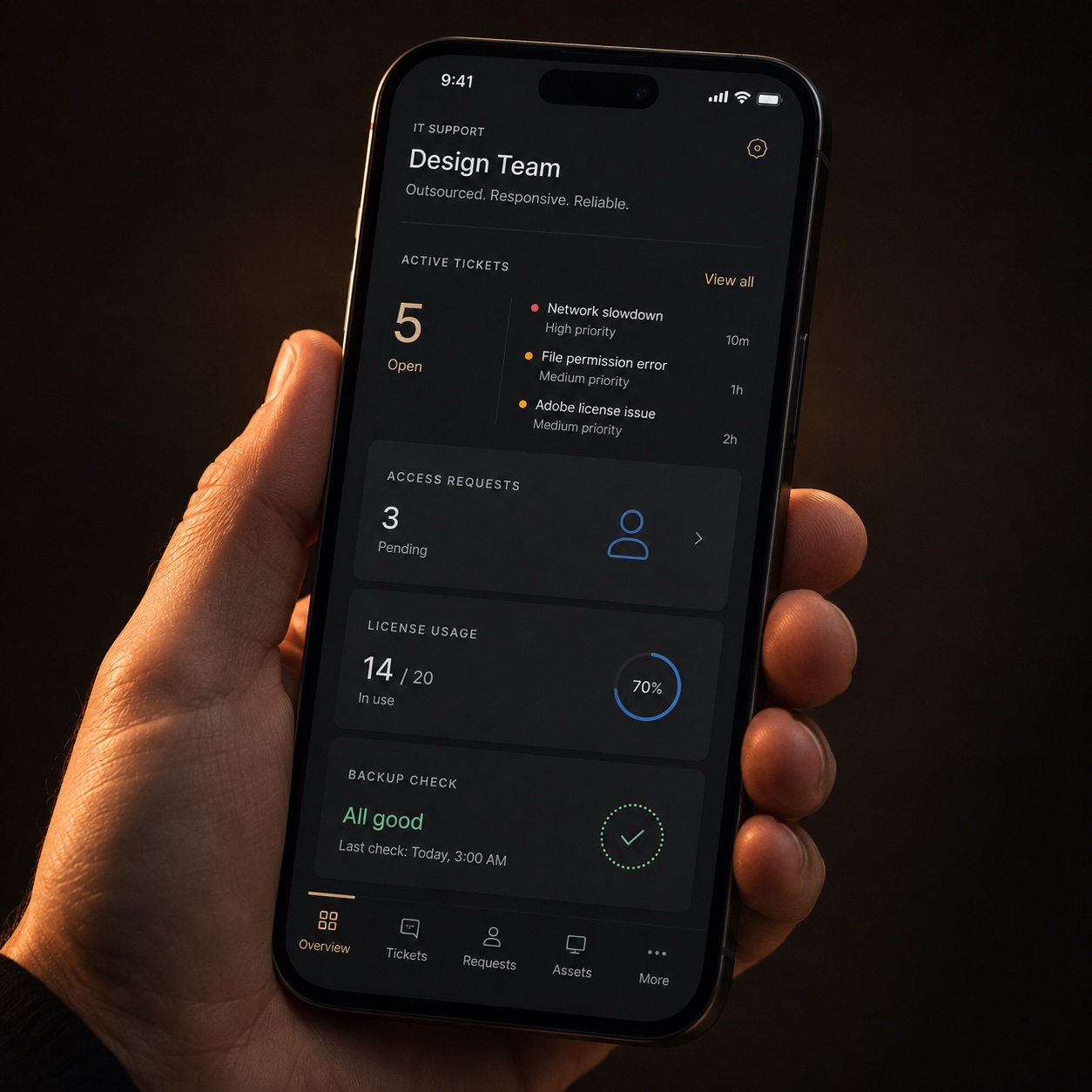 Smartphone displaying tickets, access requests, license usage, and backup status for design teams.