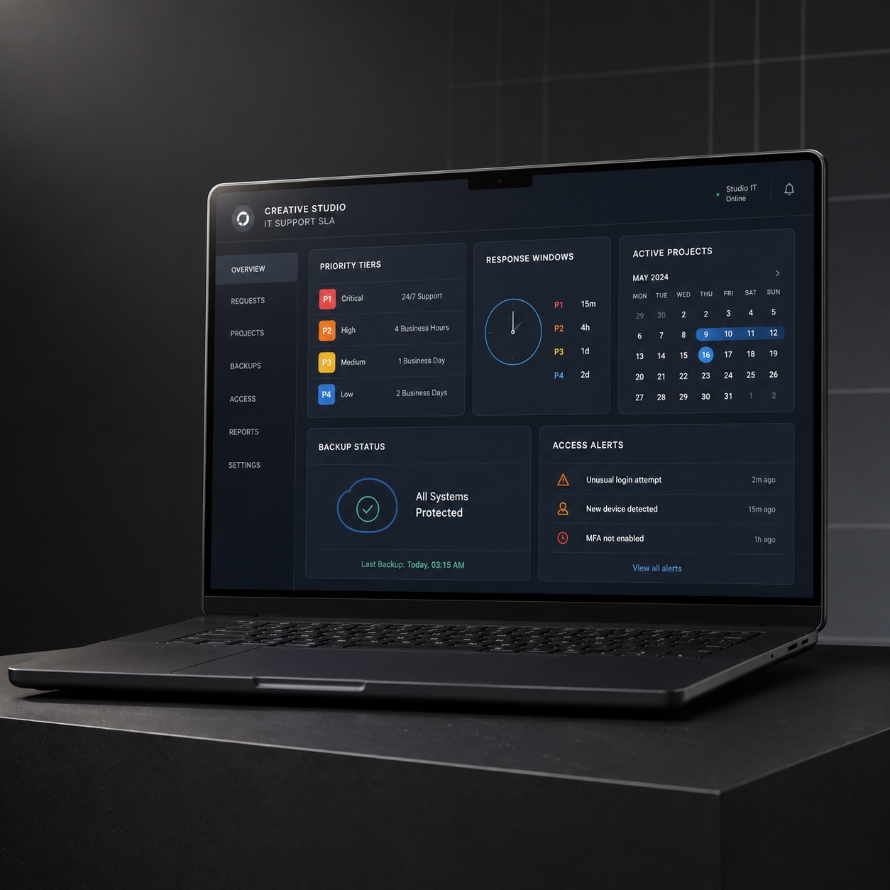 Laptop showing an outsourced IT support SLA dashboard for a creative studio.