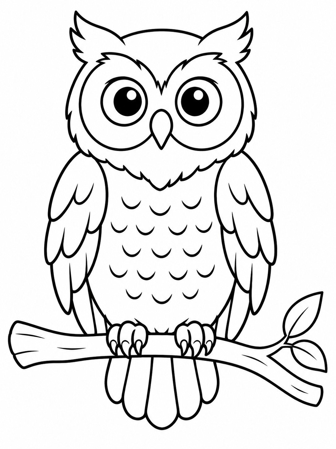 Owl on a branch easy coloring page Owl perched on a simple branch with folded wings and large coloring areas. | Sky Rye Design Owl perched on a simple branch with folded wings and large coloring areas.