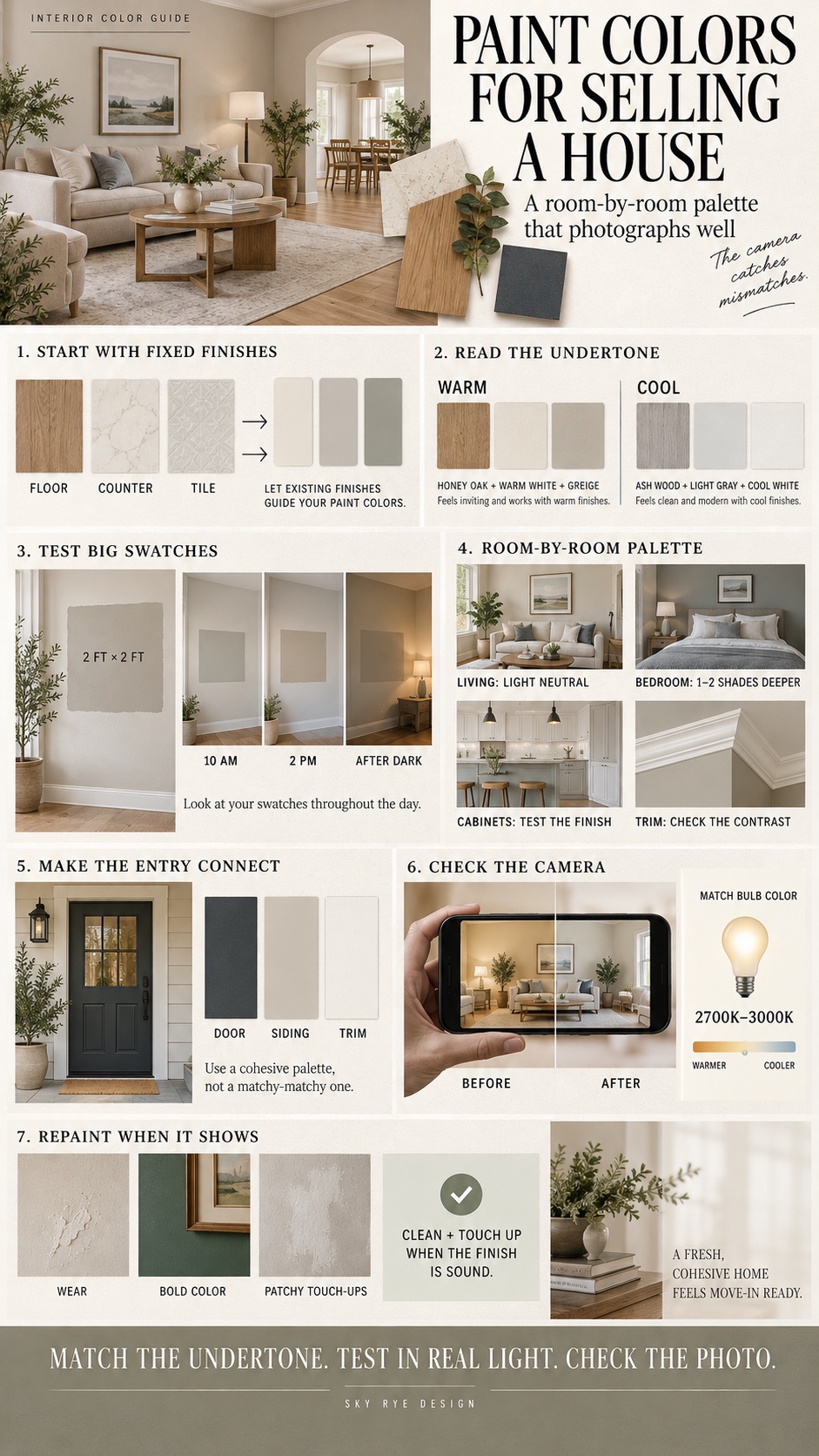 Infographic showing how to choose paint colors for selling a house by undertone, room, lighting and listing photos
