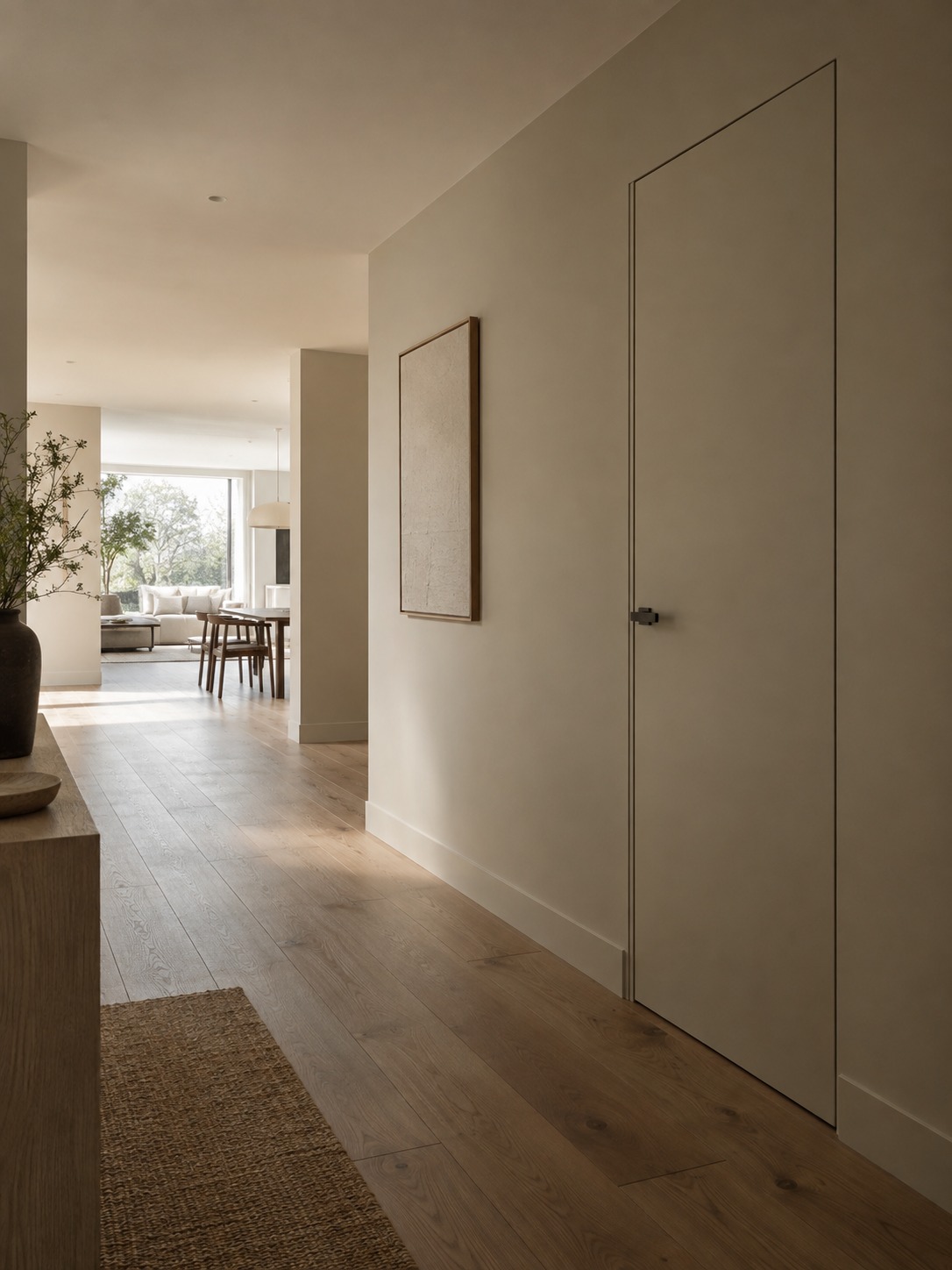 Paint-matched utility closet in a hallway Utility closet door and trim painted to match a warm neutral hallway wall | Sky Rye Design Utility closet door and trim painted to match a warm neutral hallway wall