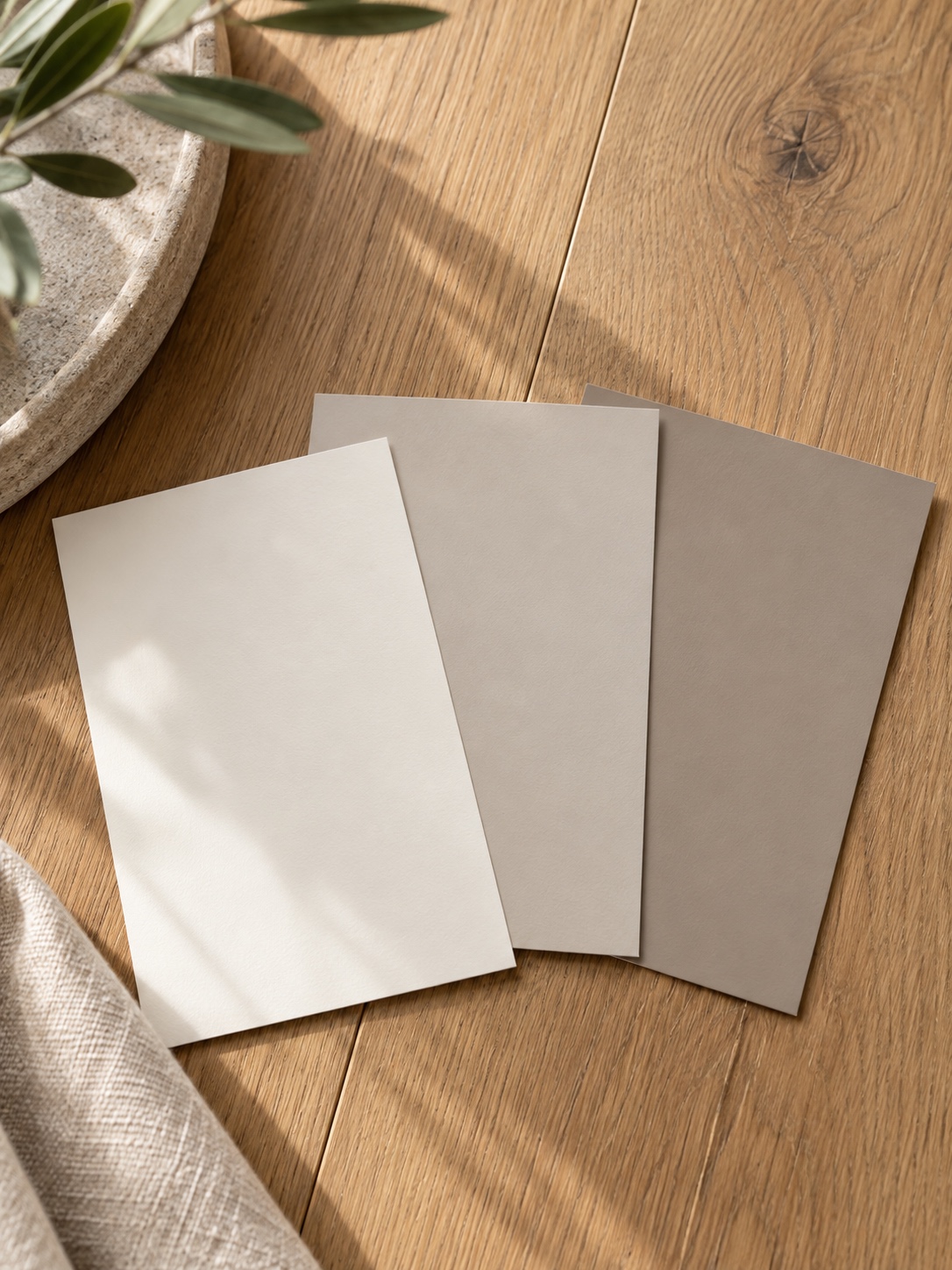 Paint swatches against oak flooring Warm white, greige and taupe paint swatches beside honey oak flooring | Sky Rye Design Warm white, greige and taupe paint swatches beside honey oak flooring