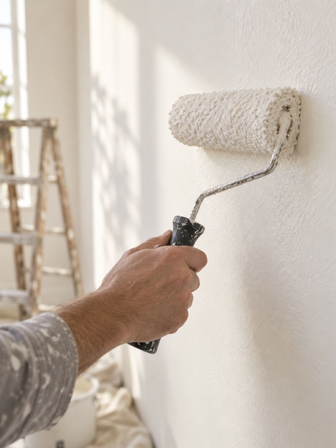 Painting a warm white wall Painter applying warm white paint to an interior wall | Sky Rye Design Painter applying warm white paint to an interior wall