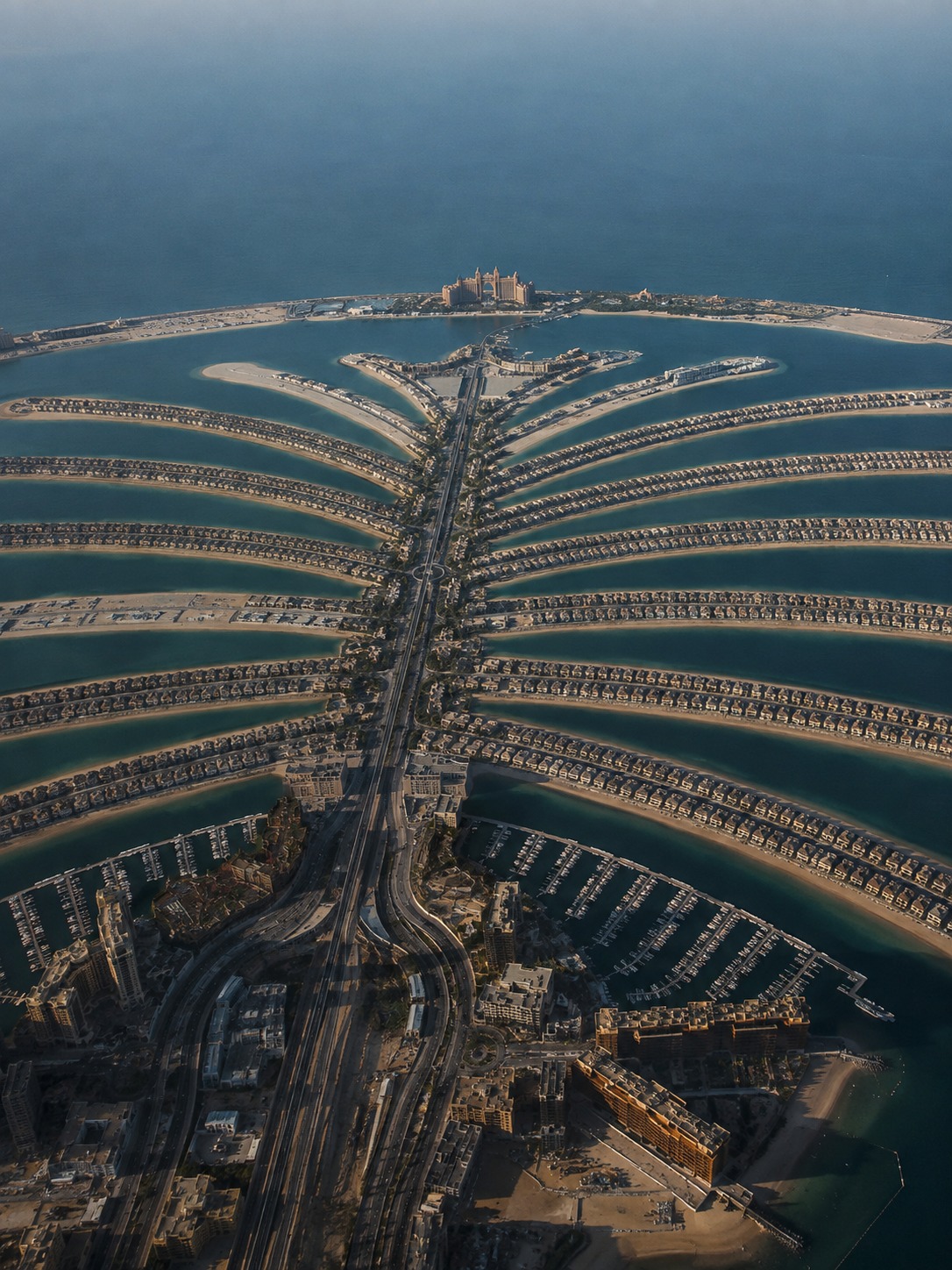 Aerial-style view of Palm Jumeirah showing its trunk, fronds, and crescent breakwater.