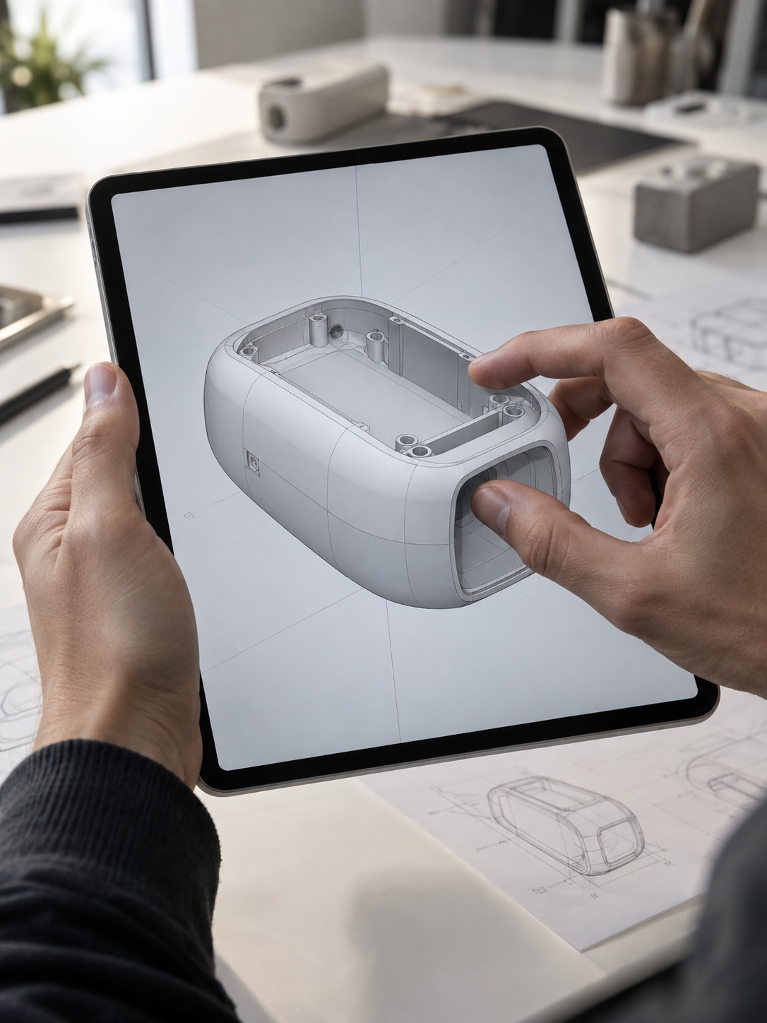 Parametric product housing model on iPad Designer rotating a parametric product housing model on an iPad | Sky Rye Design Designer rotating a parametric product housing model on an iPad