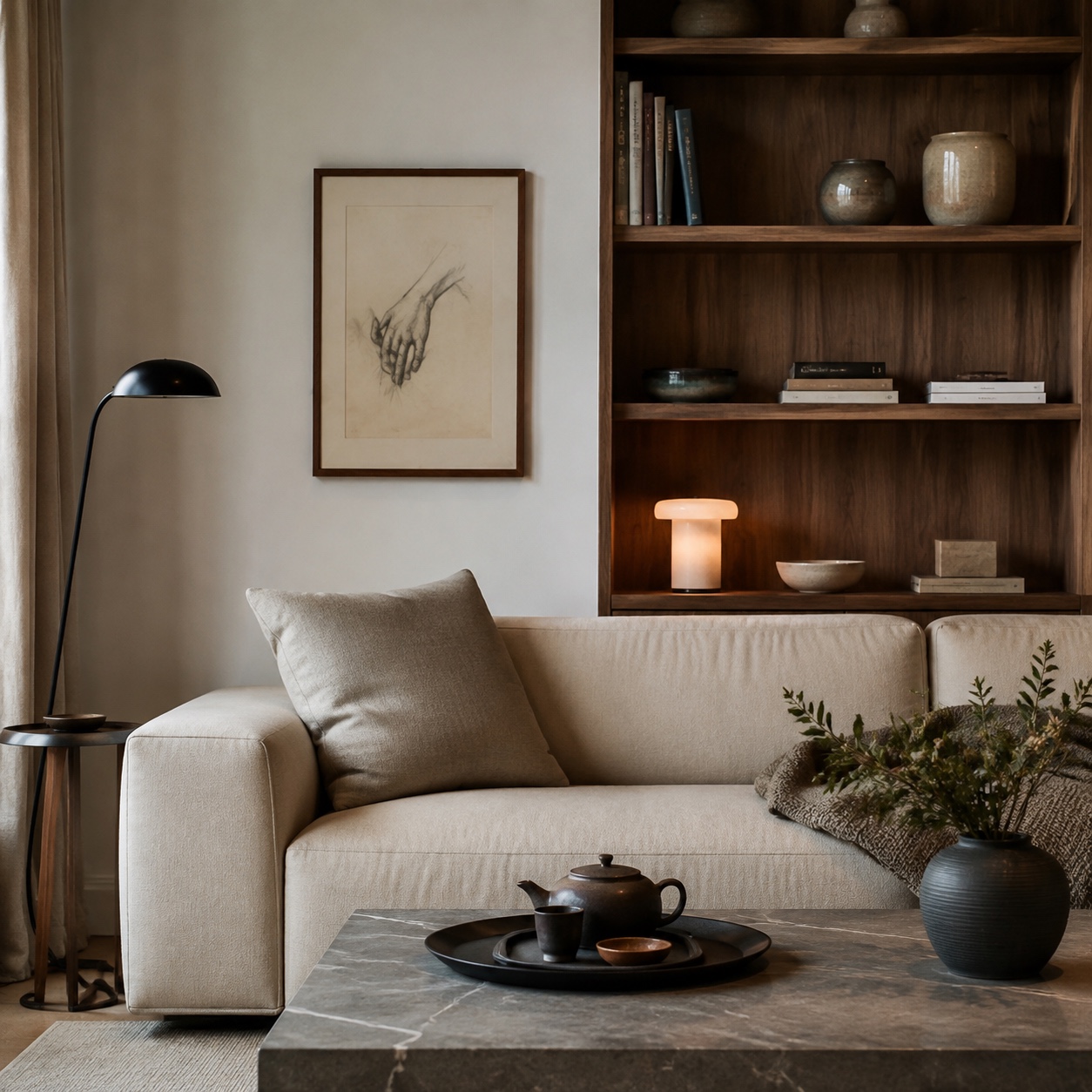 Personal designer living room balance Balanced designer living room with a framed hand sketch, edited walnut shelves, ceramic vessels, cream sofa, black reading lamp, and tea tray. | Sky Rye Design Balanced designer living room with a framed hand sketch, edited walnut shelves, ceramic vessels, cream sofa, black reading lamp, and tea tray.