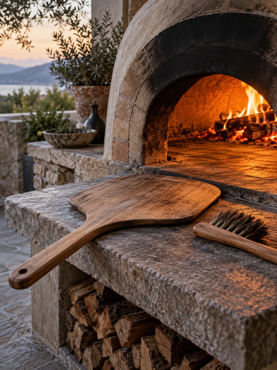 Pizza oven landing zone peel tools Pizza peel and brush on the landing counter beside a brick oven | Sky Rye Design Pizza peel and brush on the landing counter beside a brick oven