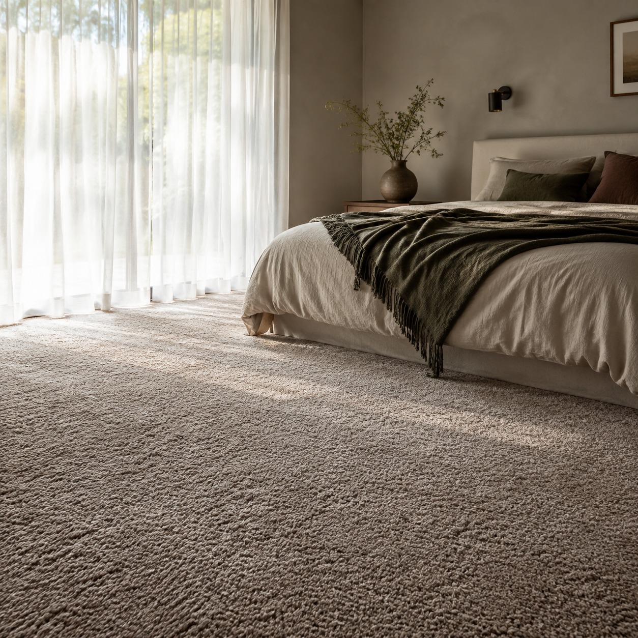 Plush Carpet Bedroom Flooring A quiet bedroom with dense plush carpet catching soft morning light. | Sky Rye Design A quiet bedroom with dense plush carpet catching soft morning light.