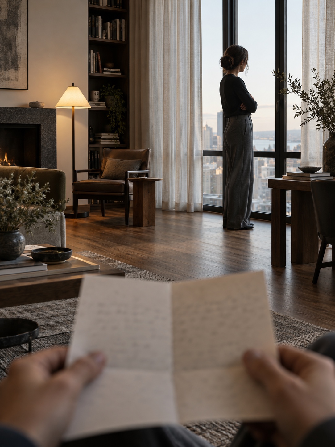 Point-of-view shot with a letter Blurred hands holding a letter in the foreground while another person waits across a modern reading room. | Sky Rye Design Blurred hands holding a letter in the foreground while another person waits across a modern reading room.