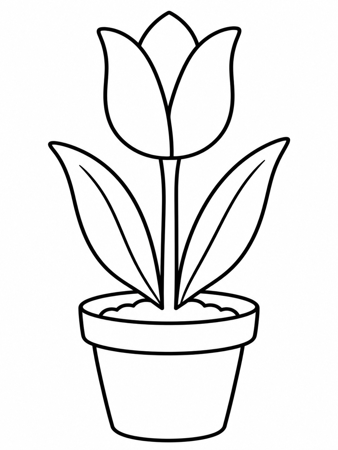 Potted tulip easy coloring page Single tulip growing in a round pot with broad leaves and simple outlines. | Sky Rye Design Single tulip growing in a round pot with broad leaves and simple outlines.