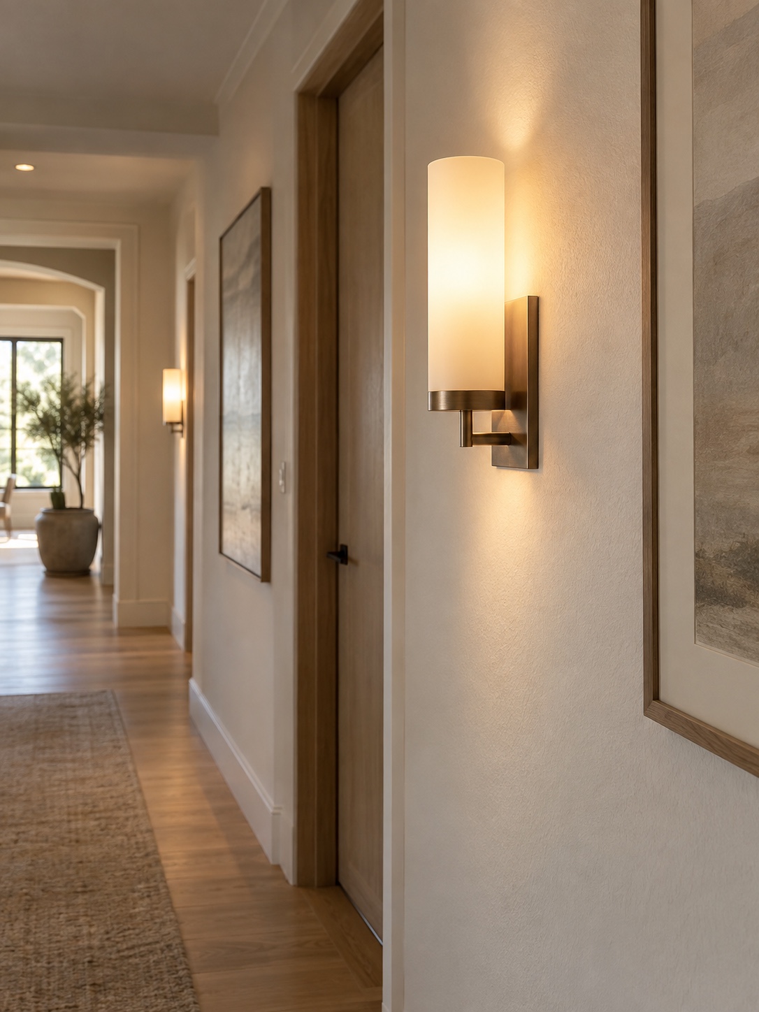 Contemporary hallway wall sconce mounted at a practical height with warm light