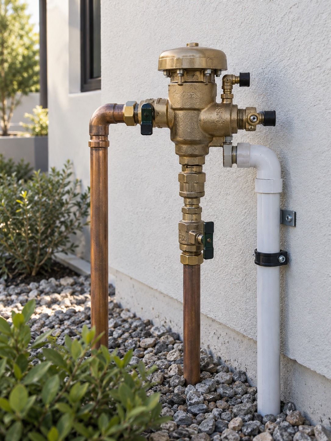 Pressure vacuum breaker assembly installed above grade beside a modern exterior wall