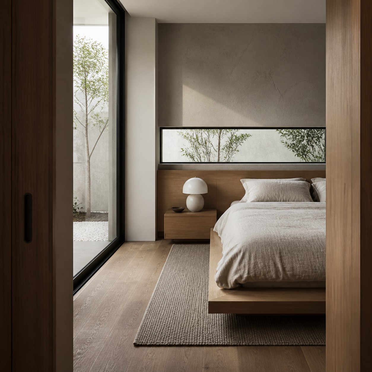 Modern bedroom with a horizontal slot window, linen bed, oak platform, plaster wall, and a private planted court.