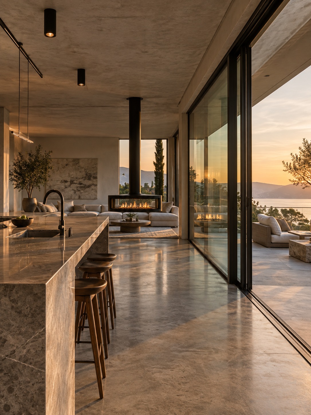 Open-plan kitchen and living space with a linear fireplace and terrace glazing