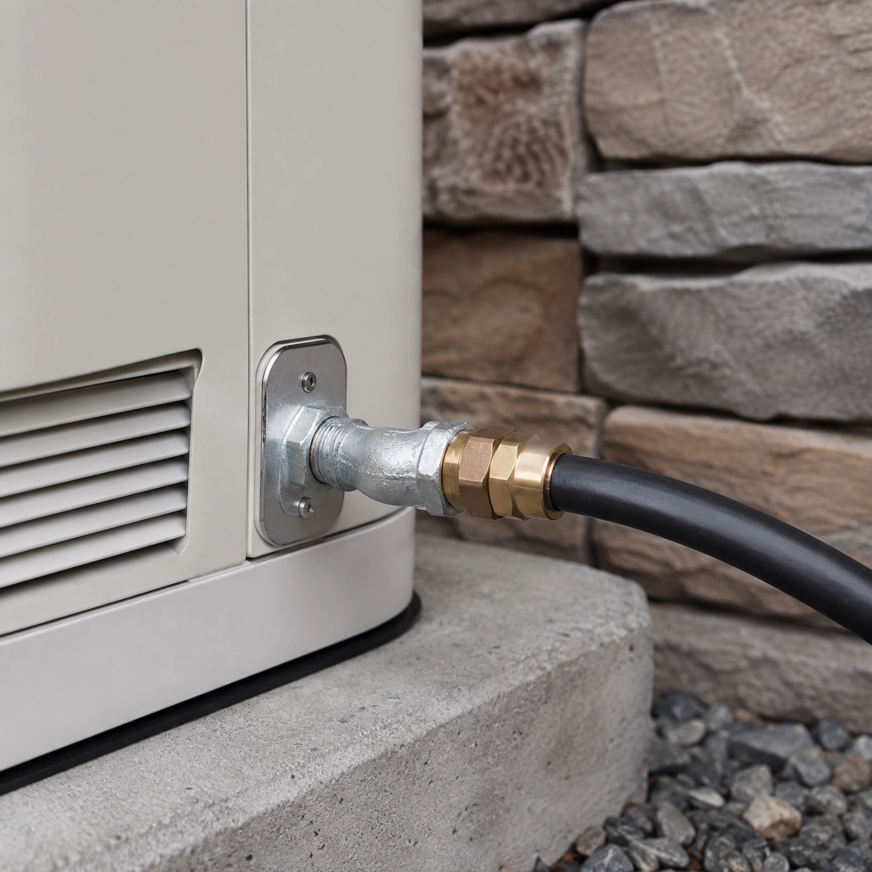 Propane Line Detail at Standby Generator Close detail of a clean propane fuel line connection at a standby generator. | Sky Rye Design Close detail of a clean propane fuel line connection at a standby generator.