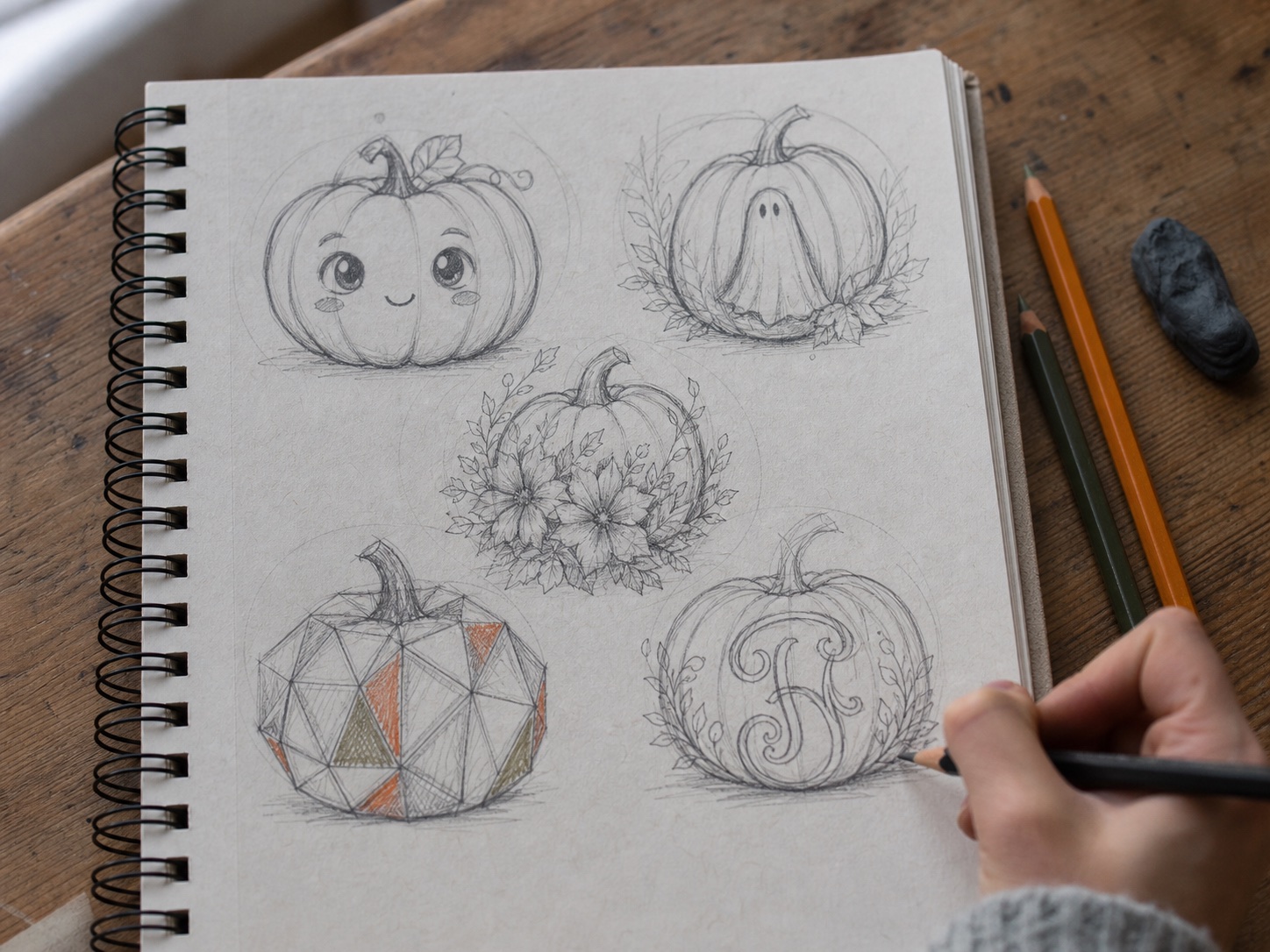 Pumpkin drawing design thumbnails Pumpkin drawing design thumbnails with cute face, ghost, floral, geometric, and monogram pumpkin sketch ideas. | Sky Rye Design Pumpkin drawing design thumbnails with cute face, ghost, floral, geometric, and monogram pumpkin sketch ideas.