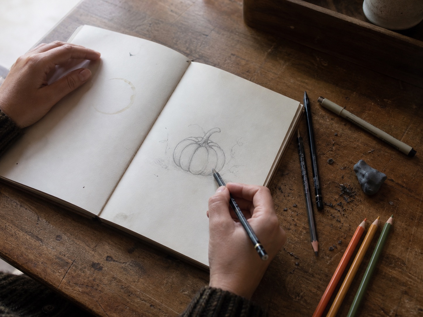 Pumpkin drawing materials workspace Pumpkin drawing materials workspace with sketchbook, pencils, fineliner, eraser, and muted fall colors. | Sky Rye Design Pumpkin drawing materials workspace with sketchbook, pencils, fineliner, eraser, and muted fall colors.