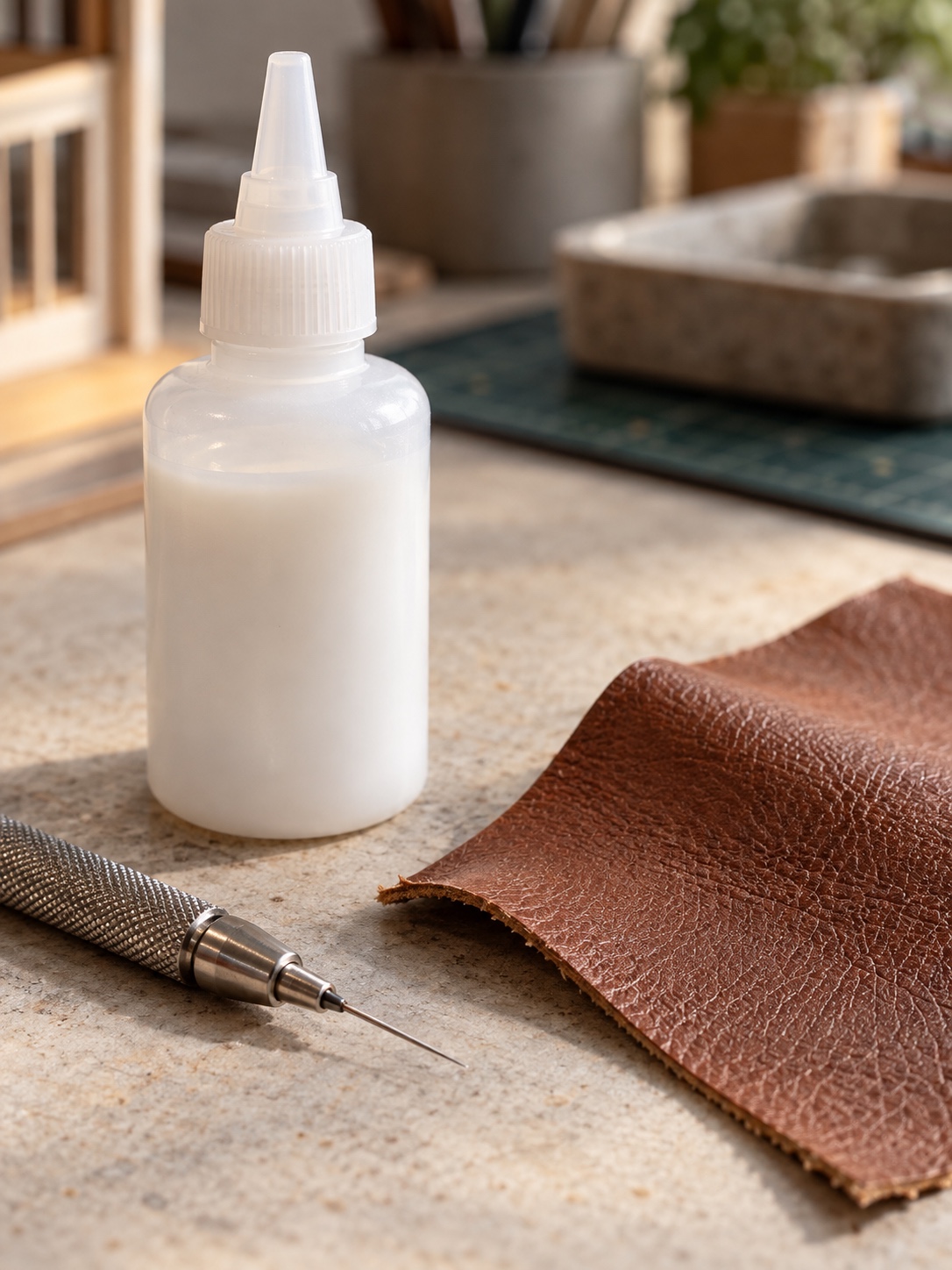 PVA adhesive for miniature upholstery White glue bottle on a workbench with a brown leather scrap and a metal leatherworking tool nearby, ready for crafting | Sky Rye Design Small PVA adhesive bottle, fine applicator and miniature leather on a work surface