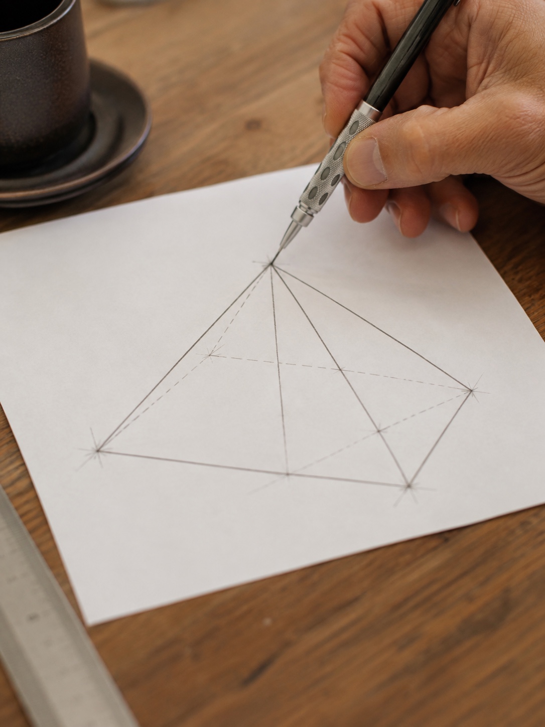 Connecting the Pyramid Apex to Base Corners Hand connecting a pyramid apex to the base corners with clean ruled pencil lines. | Sky Rye Design Hand connecting a pyramid apex to the base corners with clean ruled pencil lines.