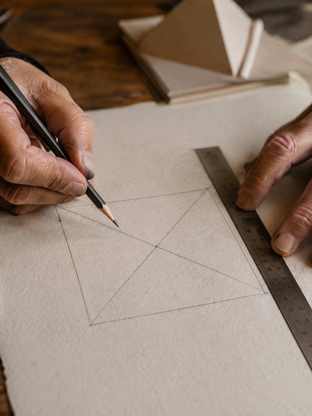 Finding the Pyramid Base Center Pencil and ruler finding the center of a pyramid base with diagonal construction lines. | Sky Rye Design Pencil and ruler finding the center of a pyramid base with diagonal construction lines.