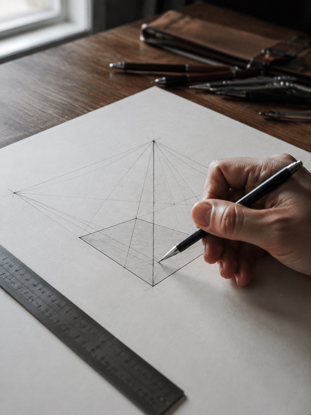 Pyramid Perspective Base Construction Artist drawing a two-point perspective pyramid base with ruler and pencil on paper. | Sky Rye Design Artist drawing a two-point perspective pyramid base with ruler and pencil on paper.