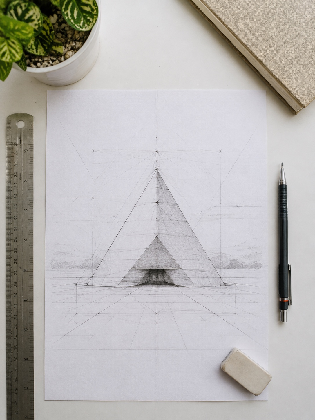 Pyramid Perspective Construction Flat Lay Top-down view of a pyramid perspective construction sketch with drawing tools. | Sky Rye Design Top-down view of a pyramid perspective construction sketch with drawing tools.