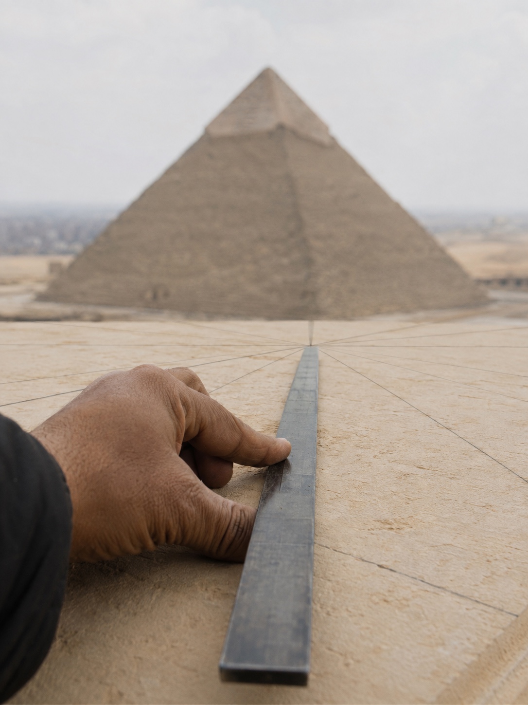 Pyramid Vanishing Point Check Hand using a straightedge to check pyramid construction lines at a vanishing point. | Sky Rye Design Hand using a straightedge to check pyramid construction lines at a vanishing point.