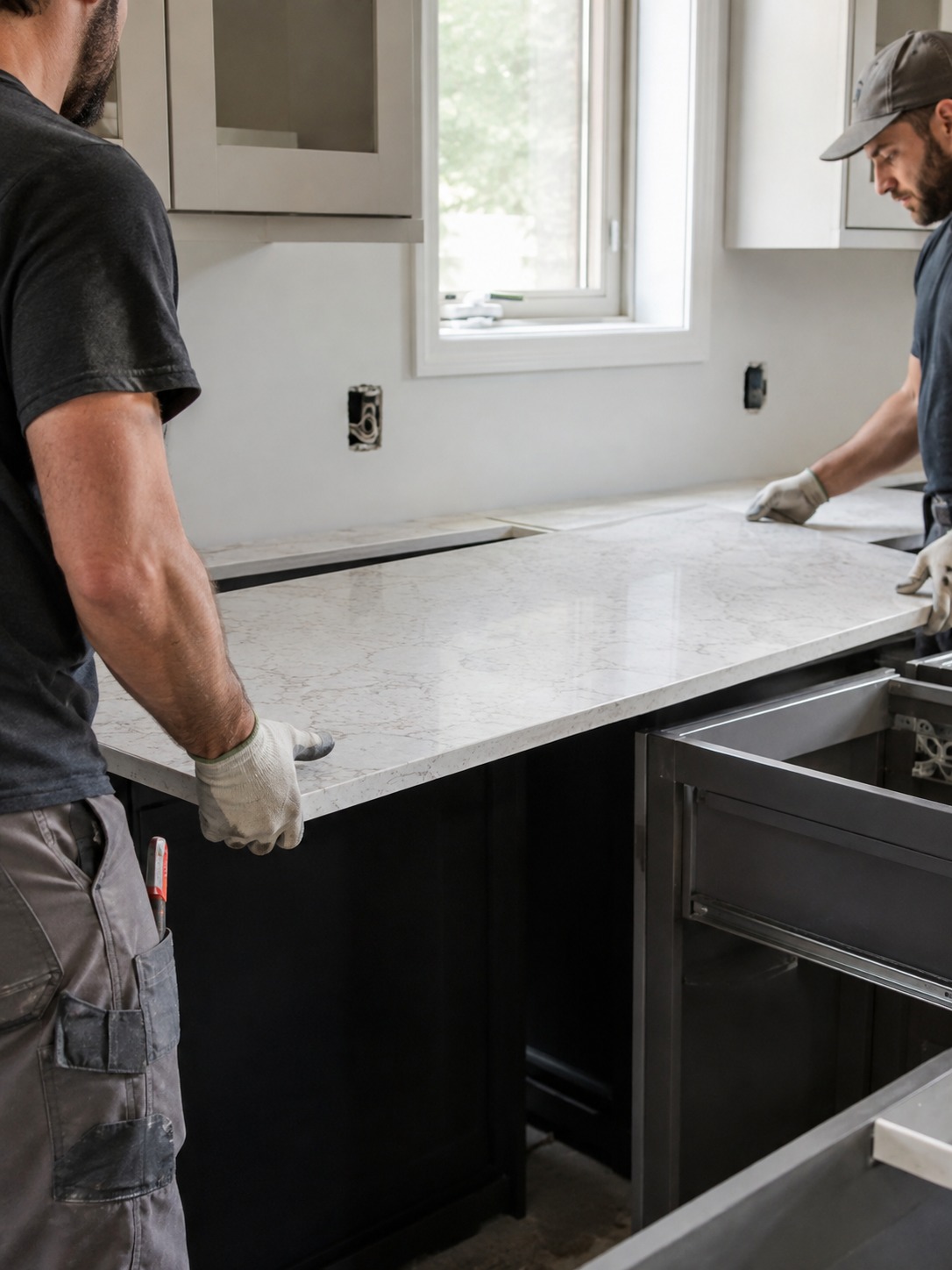 Quartz kitchen countertop installation professionals installing a quartz kitchen countertop | Sky Rye Design professionals installing a quartz kitchen countertop