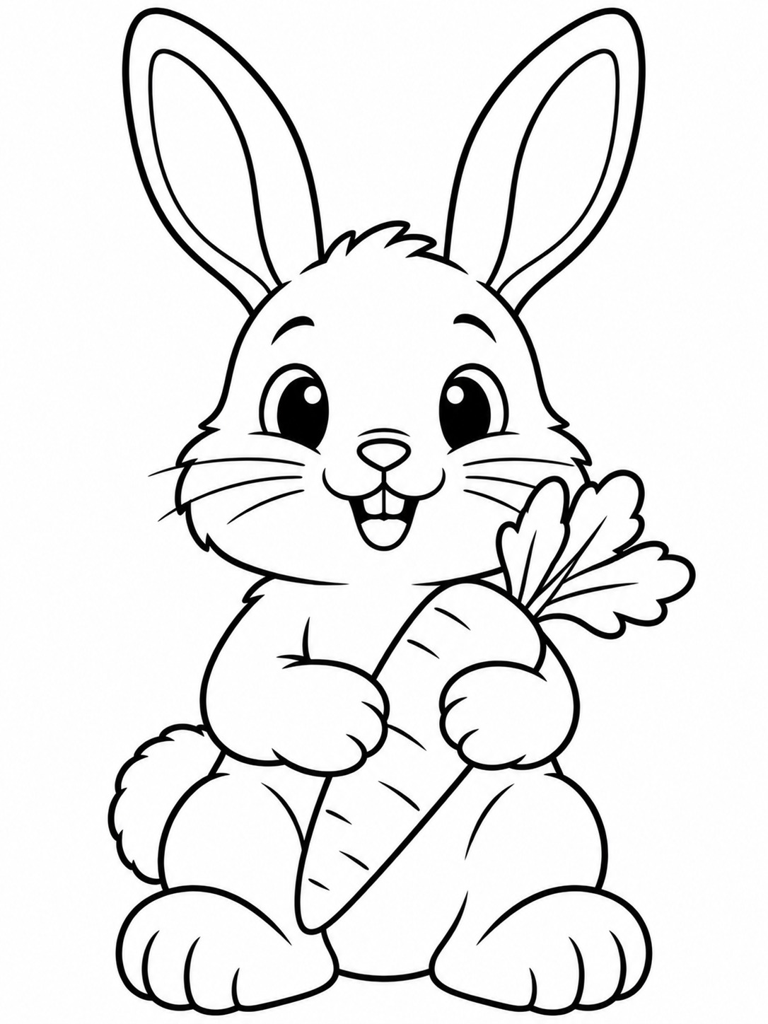 Rabbit with carrot easy coloring page Happy rabbit holding a carrot with both paws in bold kid-friendly line art. | Sky Rye Design Happy rabbit holding a carrot with both paws in bold kid-friendly line art.