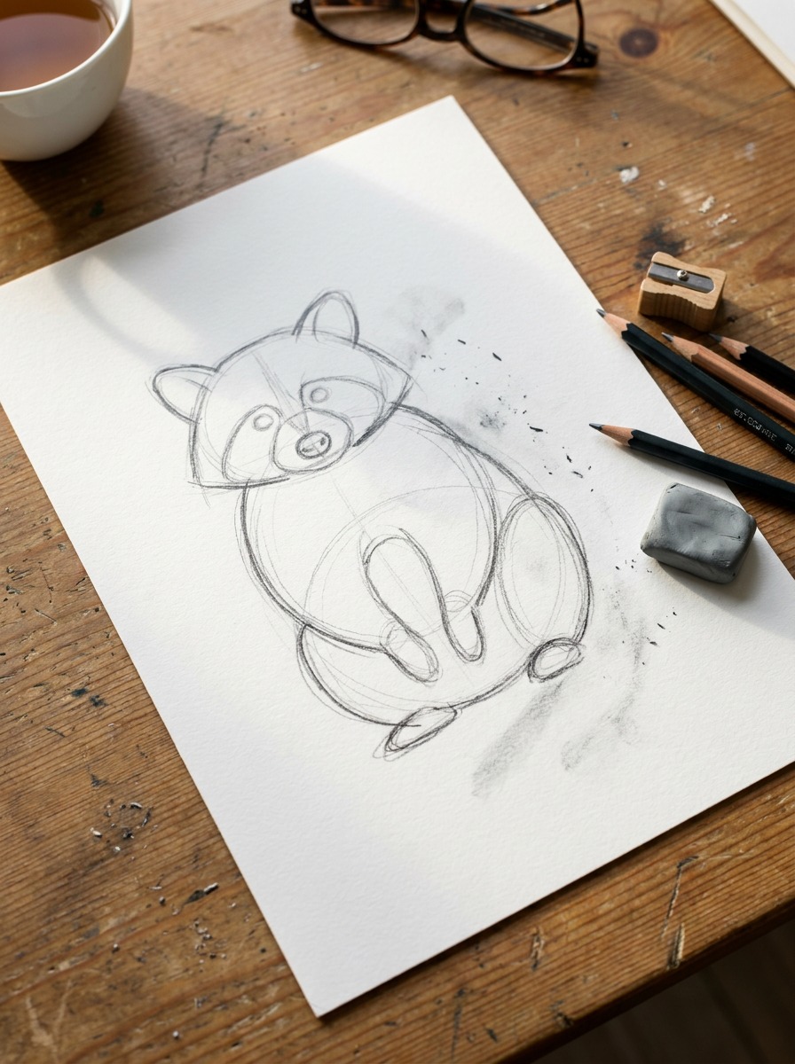 Graphite raccoon sketch built from overlapping head and body ovals