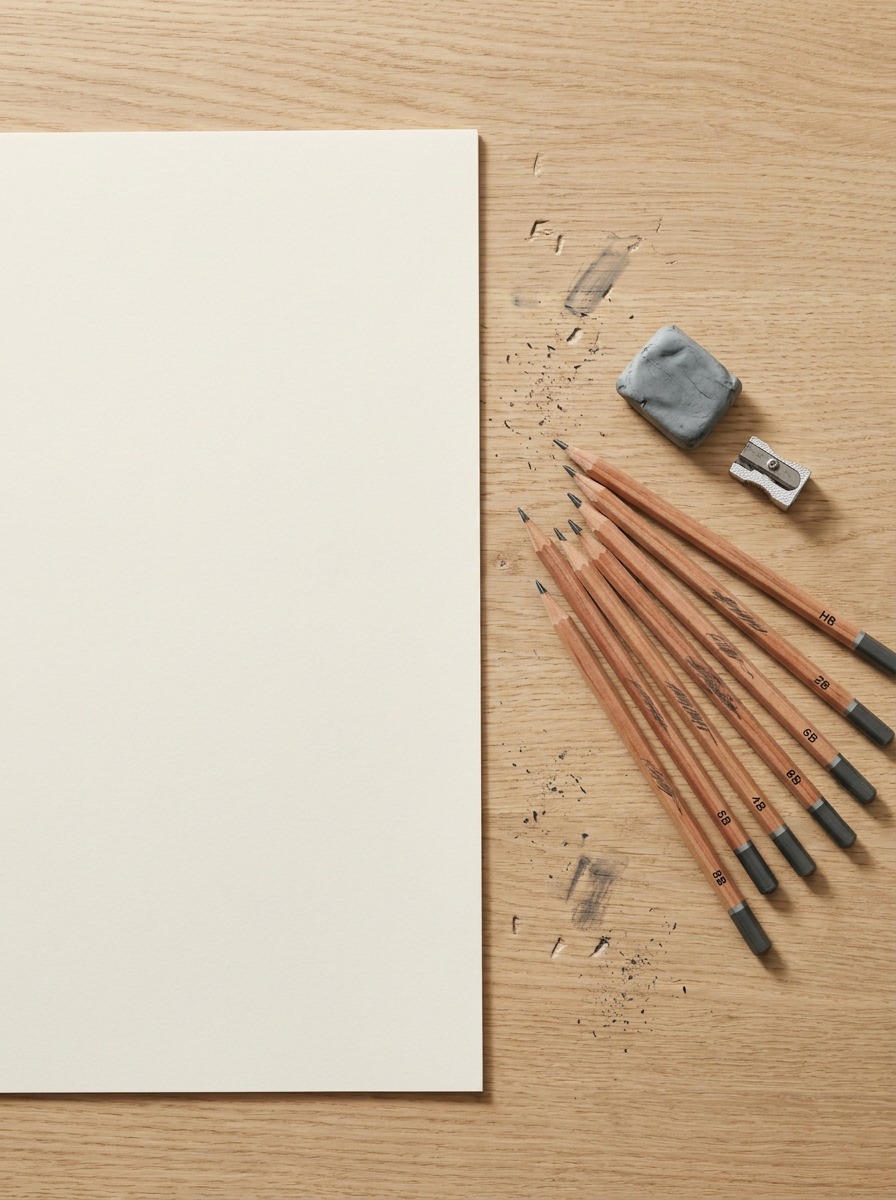 Graphite pencils, kneaded eraser, and paper for drawing a raccoon