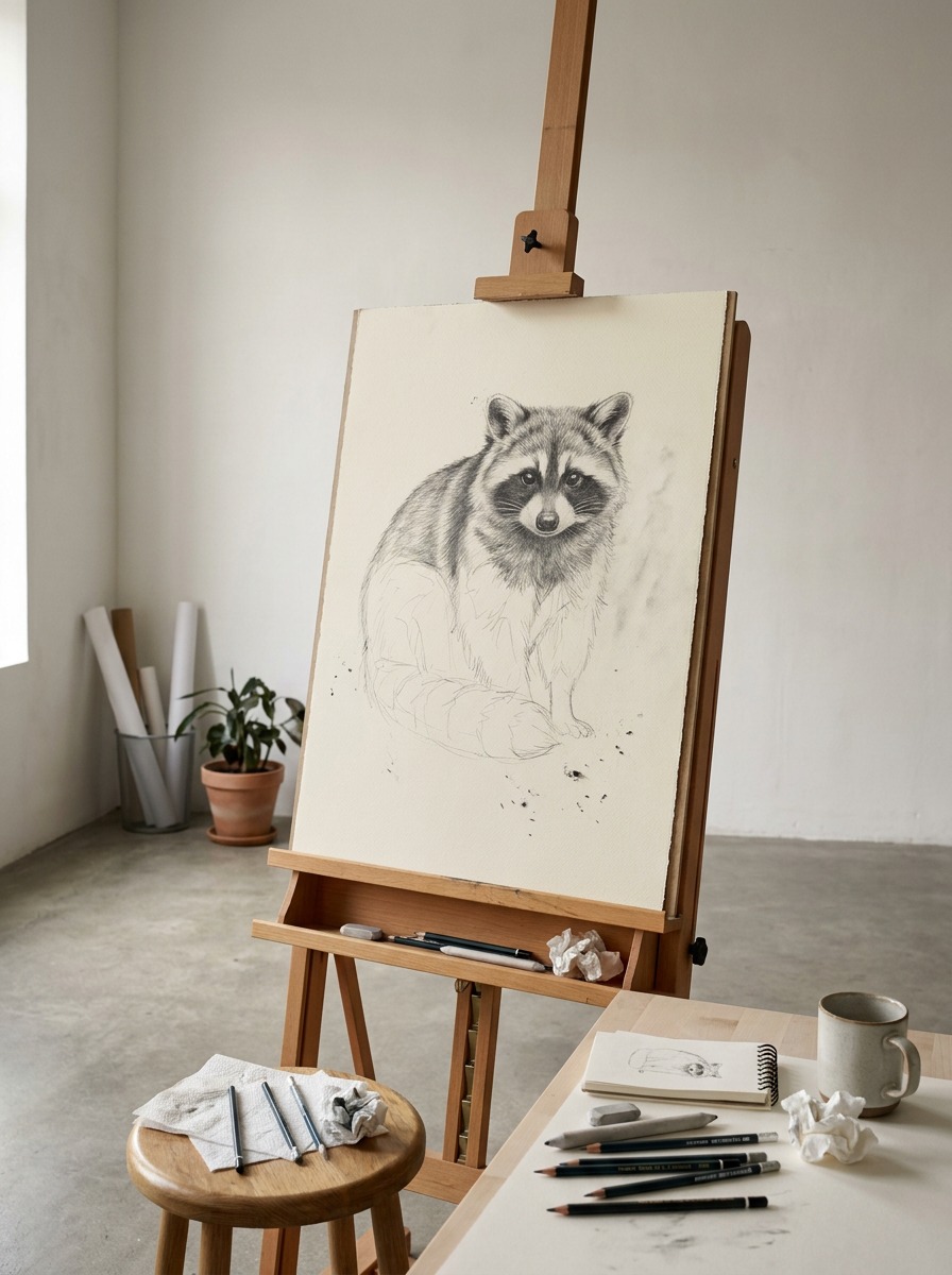 Full graphite raccoon drawing in progress on a studio easel