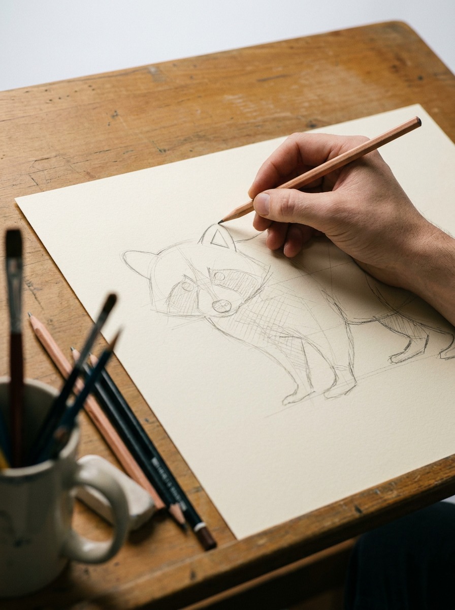 Artist blocking in wide raccoon ear placement with light pencil lines