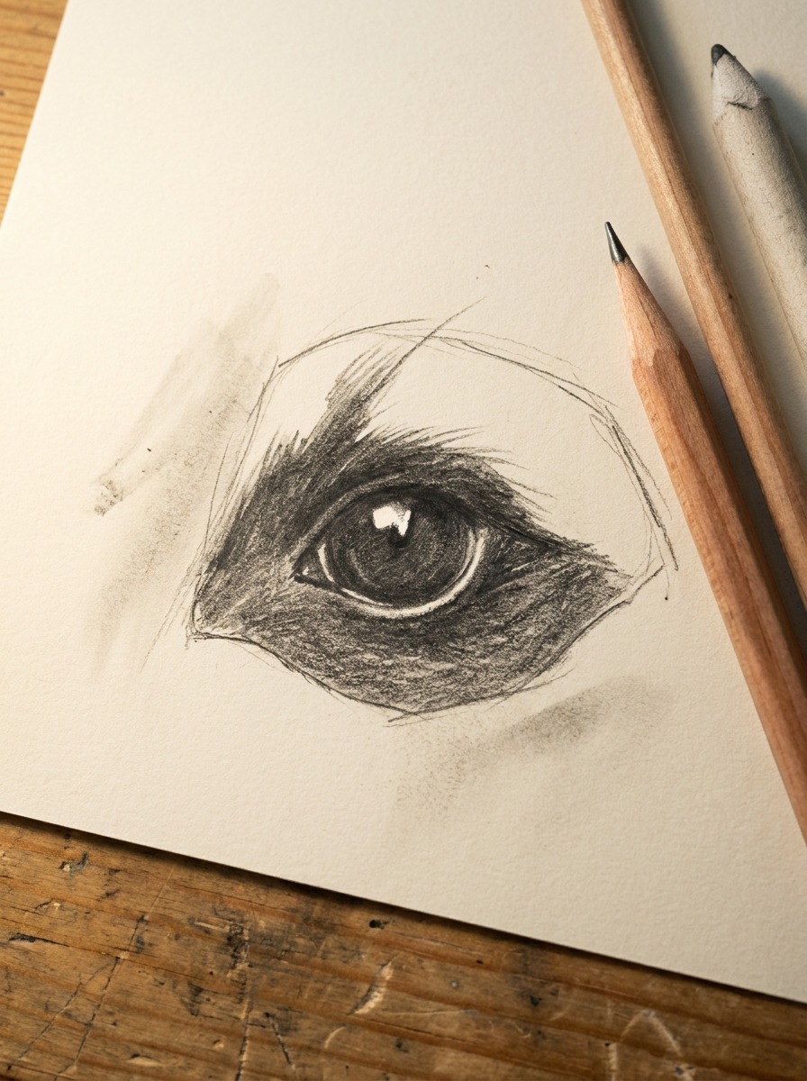 Graphite raccoon eye with a sharp catchlight inside the dark mask