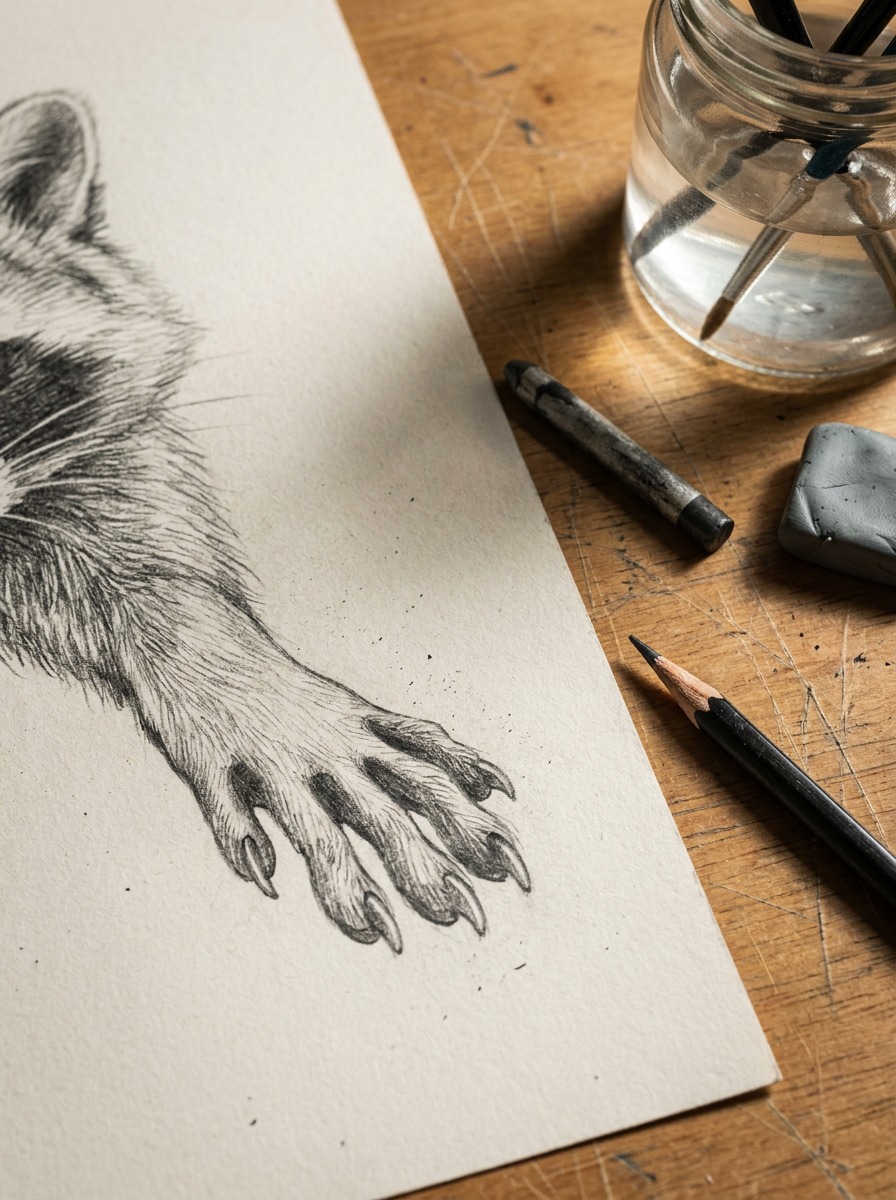 Graphite raccoon front paw showing long individual digits