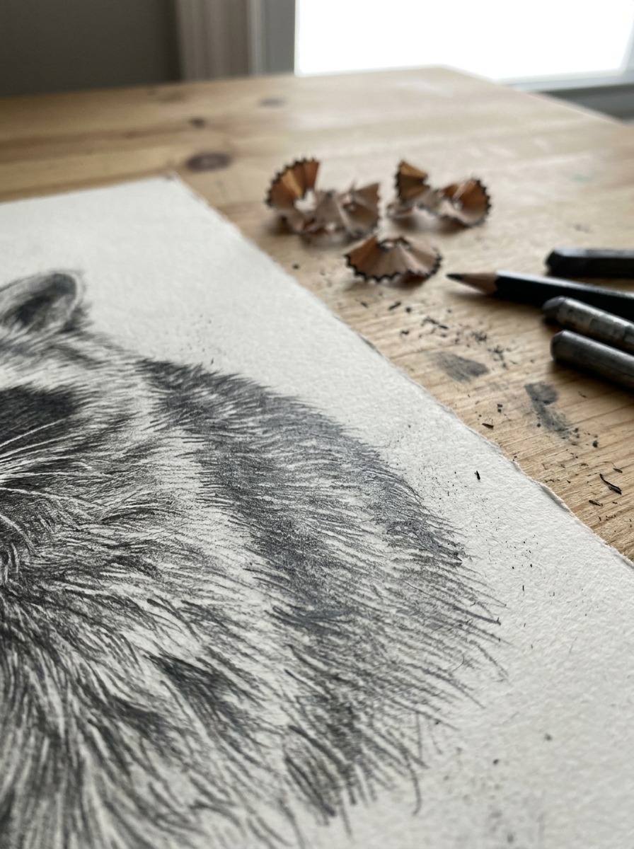 Layered directional graphite strokes creating raccoon fur texture