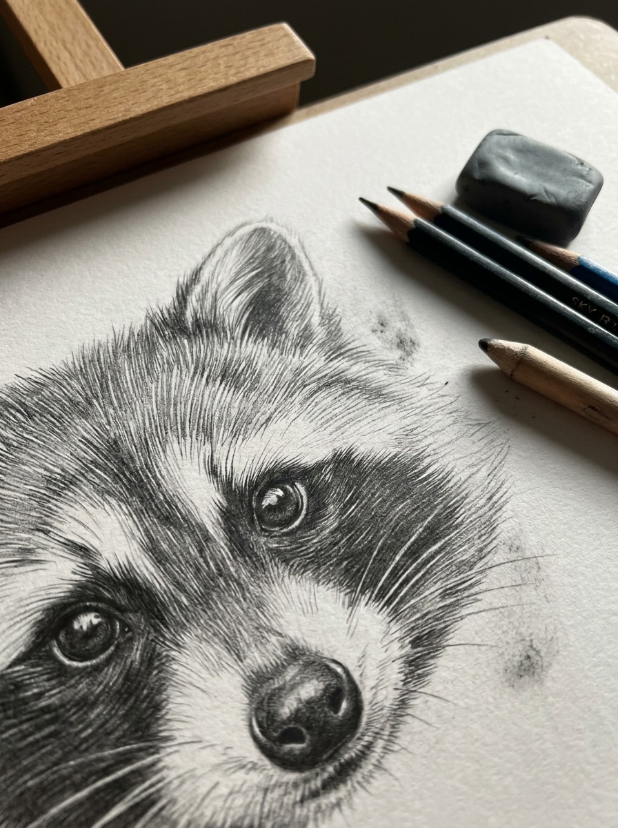 Close graphite detail of directional raccoon fur and an irregular mask edge